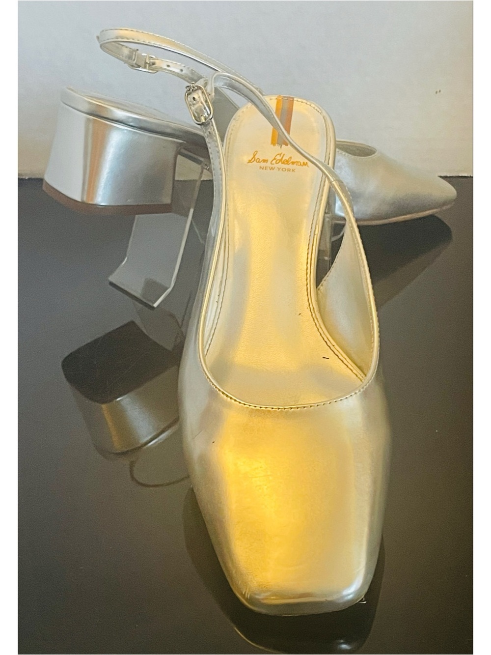 Sam Edelman Metallic Silver Slingback Block Heel Pumps Women’s Size 9.5 M